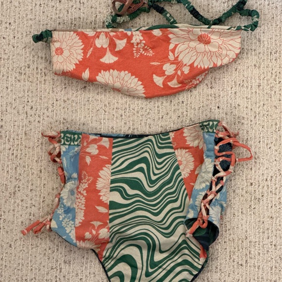 Free People Mixed Floral & Wave Print Bikini Set in Green, Blue, Tan, Coral - Picture 2 of 2